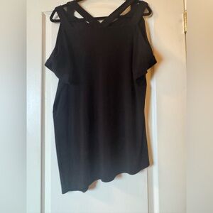 Picadilly Fashion Black Cold Shoulder Women's Top with Criss Cross Strap Detail